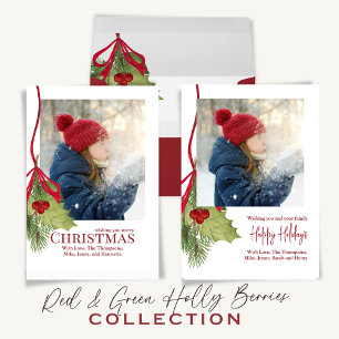 Christmas Photo Watercolor Holly Berries Greenery Ceramic Tree Decoration
