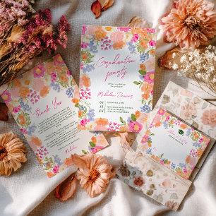 Modern Boho Peach and Pink Floral Graduation Thank You Card