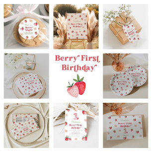 Pink & Red Berry First Strawberry Birthday  Paper Plate