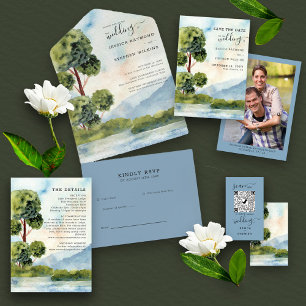 Lake Evergreen Dusty Blue Watercolor Wedding All In One Invitation