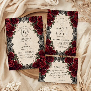 Dark Romance Red Rose Gothic Elegant Wedding RSVP Card