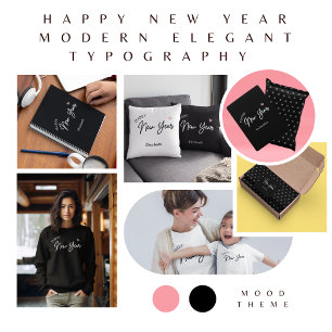 Happy New Year Modern Minimalist Monogram Black Wrapping Paper