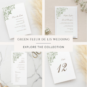 French Regency Green Fleur de Lis Pattern Wedding Save The Date