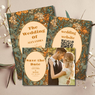 Terracotta Floral Art Nouveau Wedding All In One Invitation