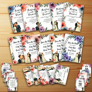 Blush Pink Watercolor Floral Bride & Groom Wedding Invitation
