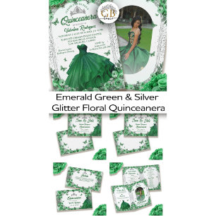 Emerald Green Silver Glitter Floral Quinceanera Save The Date