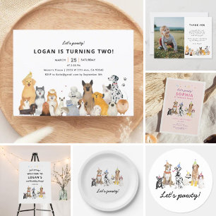 Dog Theme Let's Pawty Dog Birthday Party Invitation