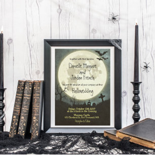 Halloween wedding invitation with moon, cemetery