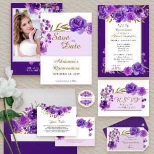Purple Rose and Gold Leaf Quinceanera Photo Save The Date