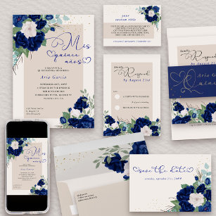 Mis Quince Anos Royal Blue Navy Floral Quinceanera Invitation