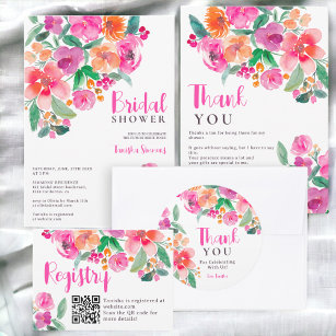 Bright hot pink fall floral script bridal registry enclosure card