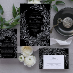 Editable Black Flower White Wreath Wedding Invitation