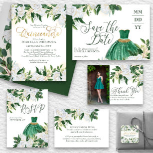 Emerald Green White Peony Quinceanera and Mass Invitation