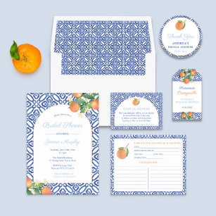 Chic Simple Citrus Blue Tiles Bridal Shower Favour Classic Round Sticker