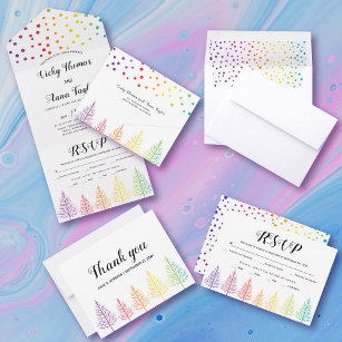 Rainbow colours trees, dots lesbian winter wedding invitation