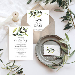 Botanical Watercolor Olive Branch Wedding Invitation