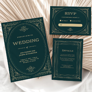 Modern Deco   Emerald Green and Champagne Wedding RSVP Card