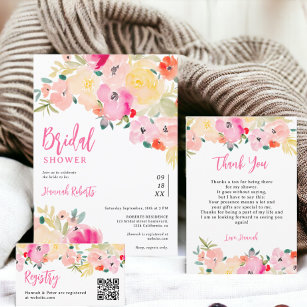 Spring pink boho chic garden floral bridal shower invitation