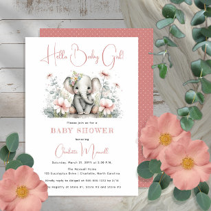 Baby Elephant Hello Baby Girl Floral Baby Shower Invitation