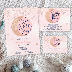 Blue gold glitter over the moon boy baby shower invitation