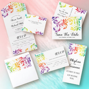 Rainbow colours scroll leaf gay lesbian wedding invitation
