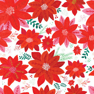 Pink and Red Poinsettia Pattern on Green Wrapping Paper