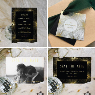 Modern Deco Black Wedding Save the Date Gold Foil  Foil Invitation Postcard