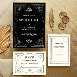 Modern Deco   Elegant Black and Ivory Wedding RSVP Card