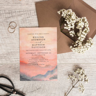 Mountain Rustic Sunset Watercolor Orange Wedding Invitation