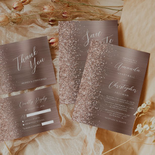Rose Gold Brushed Metal Glitter Script Wedding RSVP Card