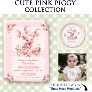 Pink Cute Piggy Farm Themed Girl 1st Birthday Invitation