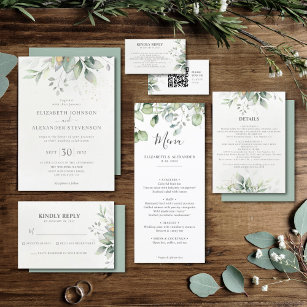 Elegant eucalyptus leaf chic greenery gold wedding RSVP card
