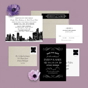Detroit Skyline Black Art Deco Wedding Invitation