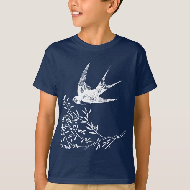 Swallow Bird Flying over Olive Branches   T-Shirt (Front)