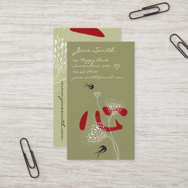 Swallow Birds Chinese Heart Oriental Kanji Floral Business Card (Front/Back In Situ)