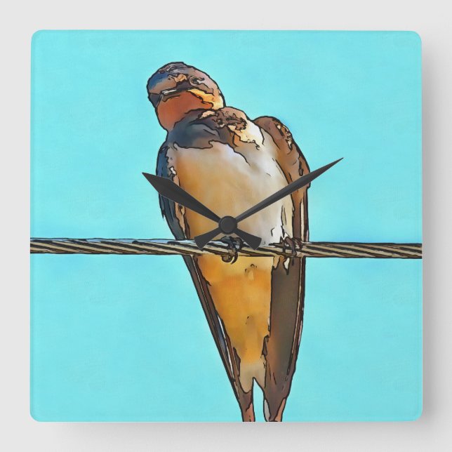 Swallow On A Wire Black Outline Art Square Wall Clock (Front)