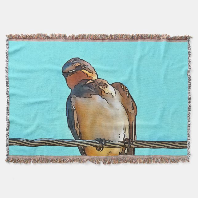 Swallow On A Wire Black Outline Art Throw Blanket (Front)