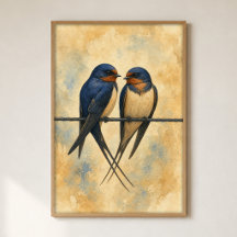 Swallow Pair on a Wire Watercolour Poster