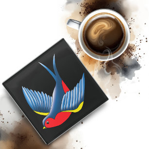Swallow Red Blue Tattoo Glass Coaster