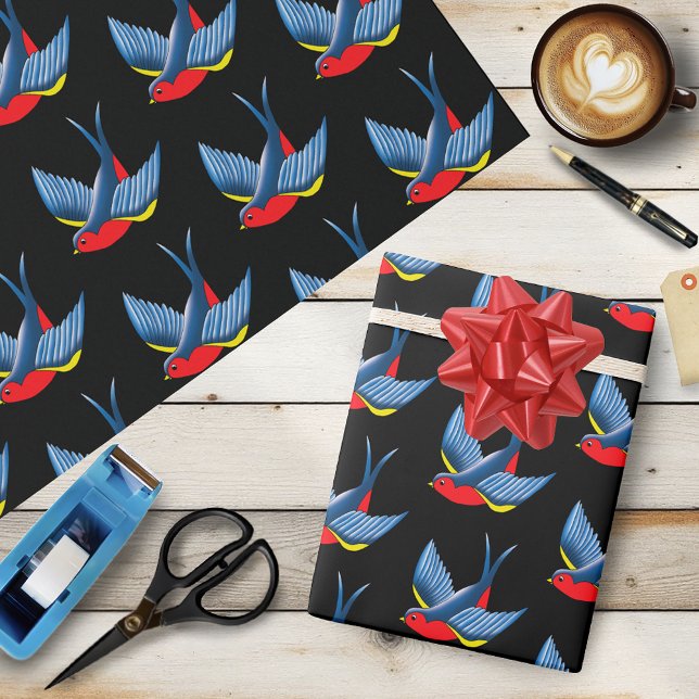 Swallow Red Blue Tattoo Wrapping Paper (Creator Uploaded)