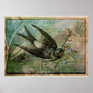 Swallow with Flowers Poster