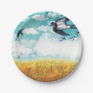 Swallows flying over a wheat field paper plate