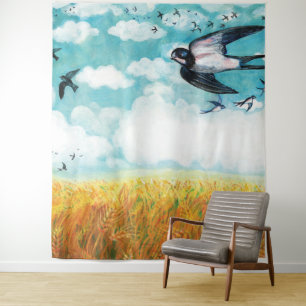 Swallows flying over a wheat field tapestry