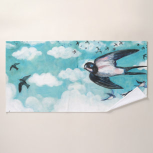 Swallows flying over cloudy blue sky  bath towel