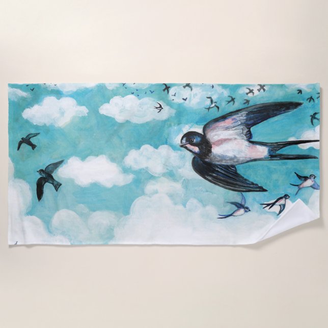 Swallows flying over cloudy blue sky   beach towel (Front)