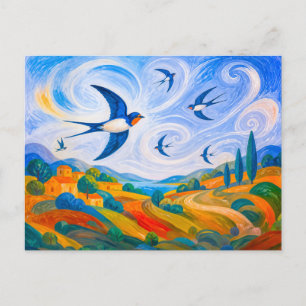 Swallows gliding in windy hillside sky postcard