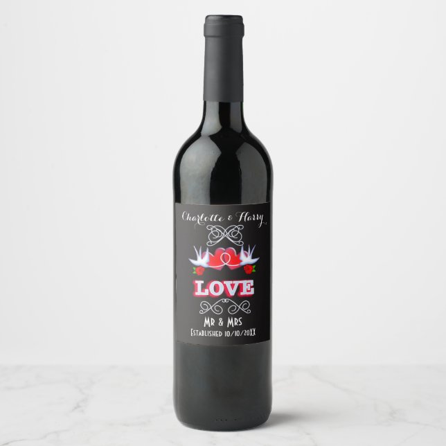 Swallows Love Hearts Red Roses Personalised Wine Label (Front)