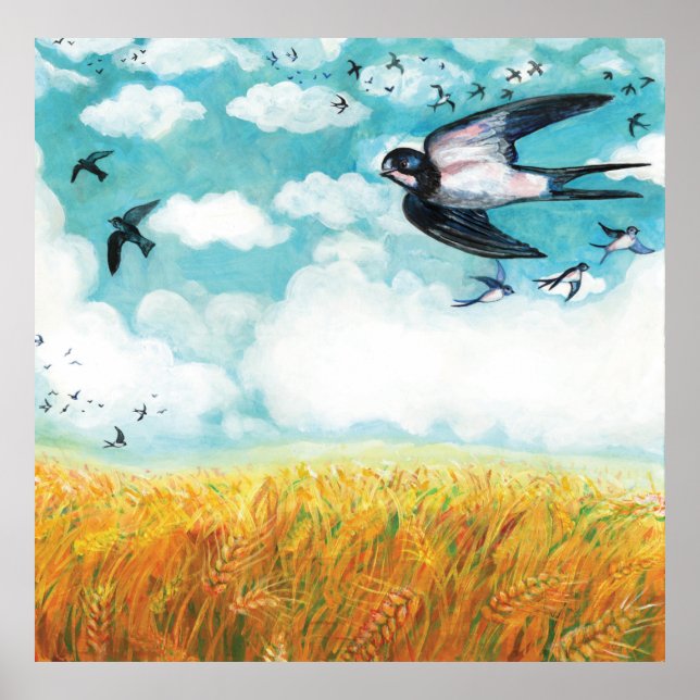  Swallows over a wheat field Illustration Poster (Front)