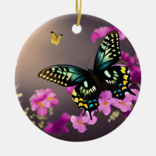 Swallowtail Butterfly and Pink Flowers Ceramic Tree Decoration