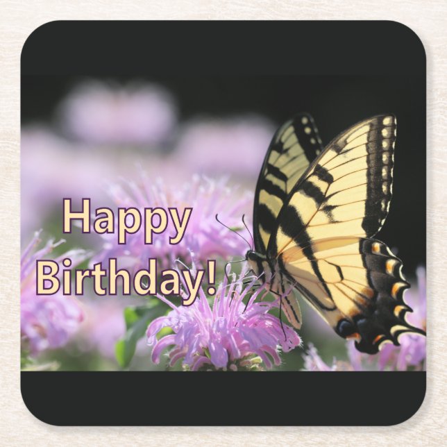 Swallowtail butterfly birthday wishes square paper coaster (Front)